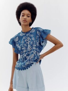 NEW Farm Rio x Anthropologie Short-Sleeve Printed Blouse, Large